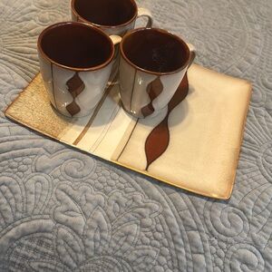 Vintage Sango Cream and Brown Wave Pattern Mug Set and plate